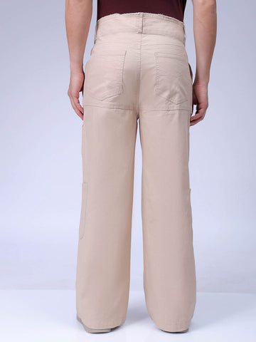 Men's Cream Loose Wide Leg Solid Mid-Rise Cargo Trousers