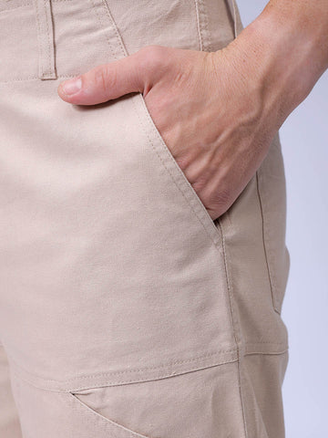 Men's Cream Loose Wide Leg Solid Mid-Rise Cargo Trousers