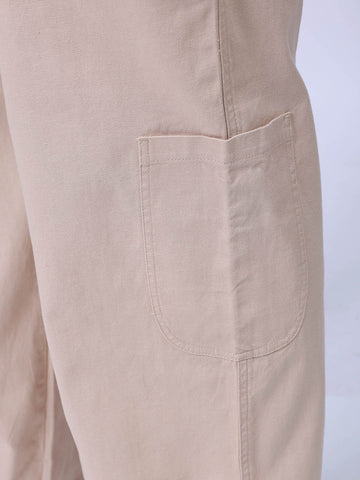 Men's Cream Loose Wide Leg Solid Mid-Rise Cargo Trousers
