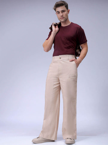 Men's Cream Loose Wide Leg Solid Mid-Rise Cargo Trousers
