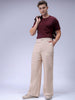 Men's Cream Loose Wide Leg Solid Mid-Rise Cargo Trousers