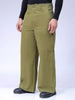 Men's Green Loose Wide Leg Solid Mid-Rise Cargo Trousers