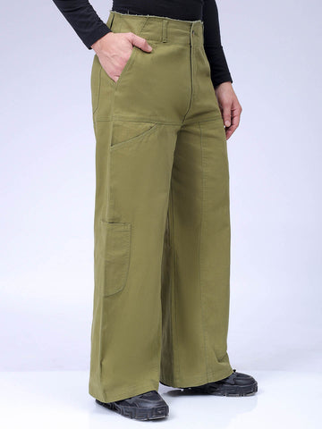 Men's Green Loose Wide Leg Solid Mid-Rise Cargo Trousers