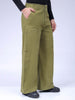 Men's Green Loose Wide Leg Solid Mid-Rise Cargo Trousers