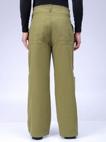 Men's Green Loose Wide Leg Solid Mid-Rise Cargo Trousers