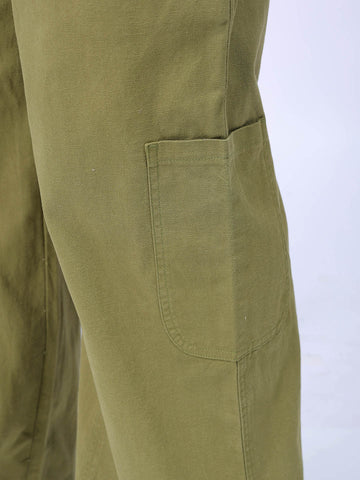 Men's Green Loose Wide Leg Solid Mid-Rise Cargo Trousers
