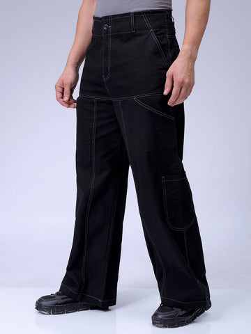 Men's Black Loose Wide Leg Solid Mid-Rise Cargo Trousers