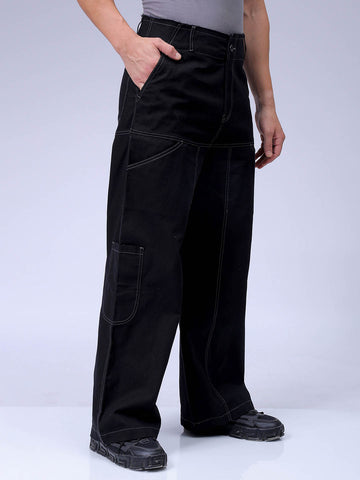 Men's Black Loose Wide Leg Solid Mid-Rise Cargo Trousers