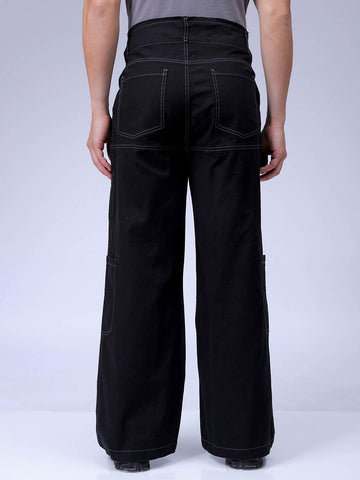 Men's Black Loose Wide Leg Solid Mid-Rise Cargo Trousers