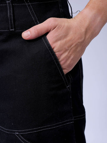 Men's Black Loose Wide Leg Solid Mid-Rise Cargo Trousers