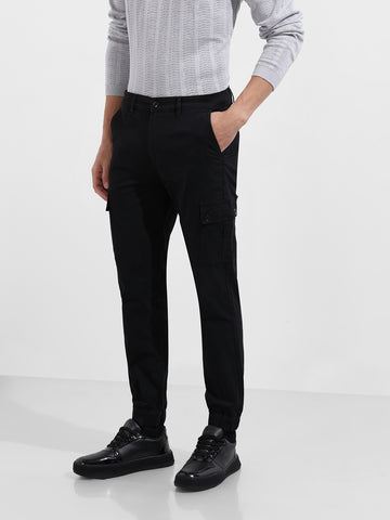 Men's Black Regular Fit Solid Utility Cargo