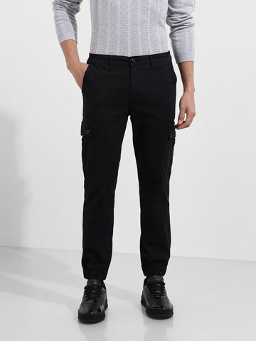 Men's Black Regular Fit Solid Utility Cargo