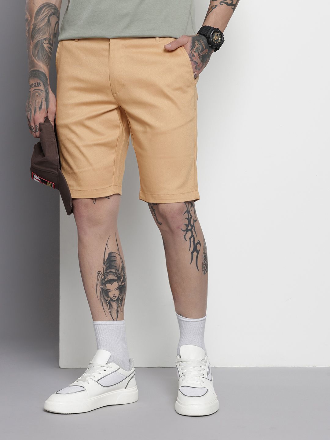 Men's Brown Regular Fit Solid Chino Shorts