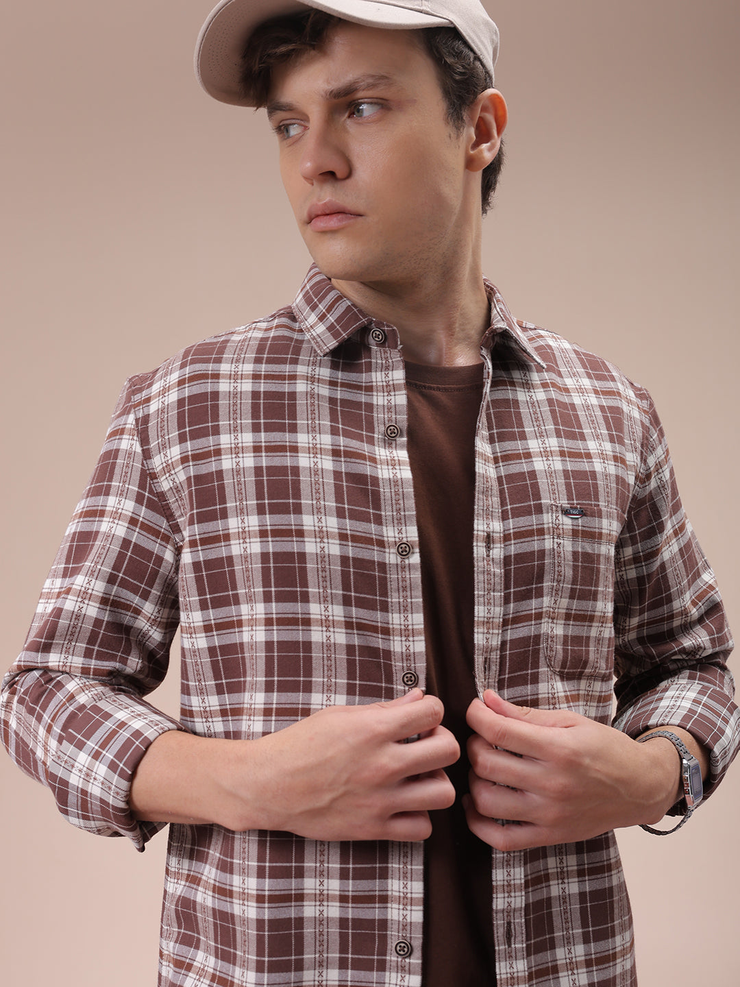 Men's Brown Slim Fit Checked Shirt