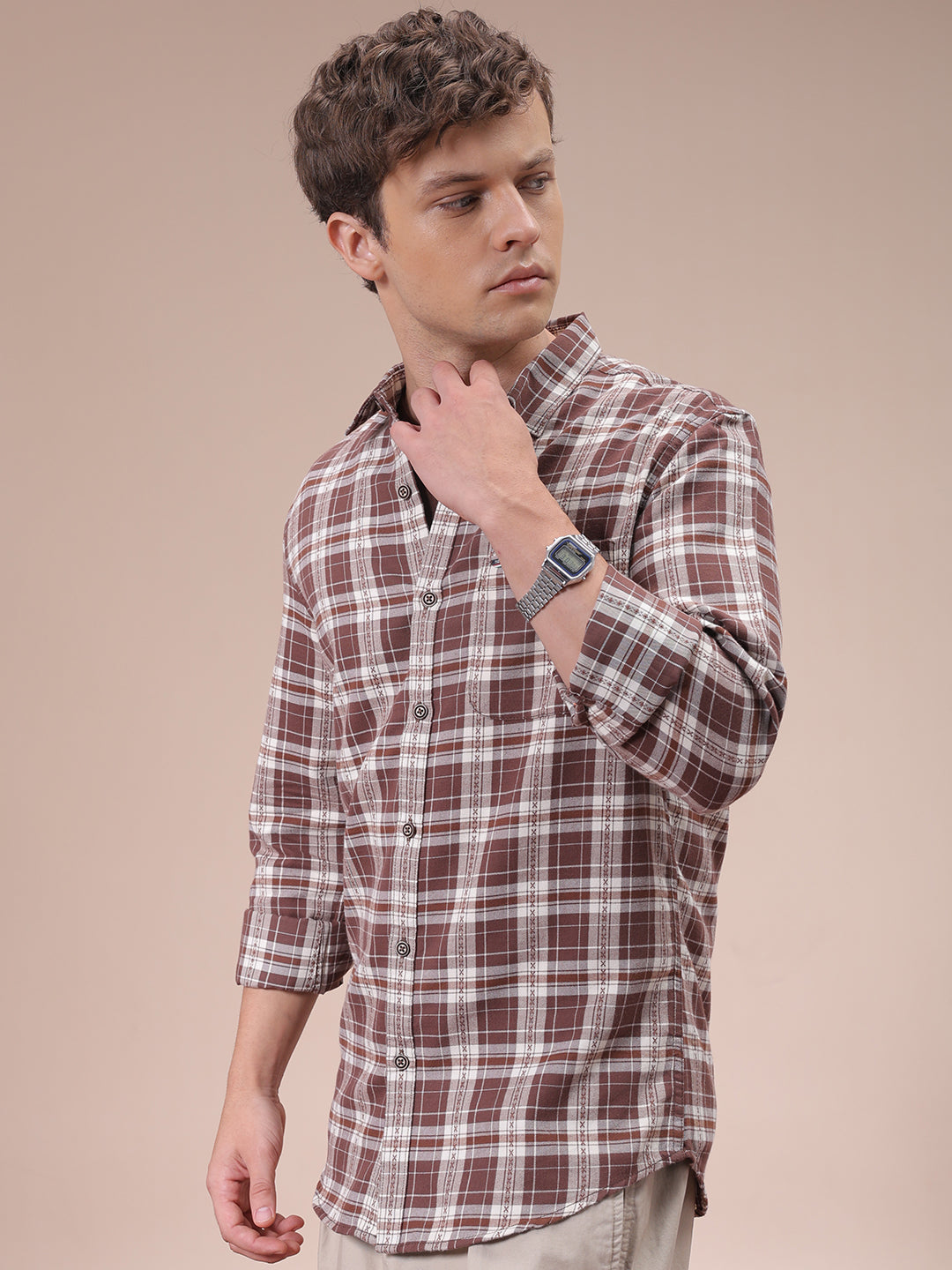 Men's Brown Slim Fit Checked Shirt