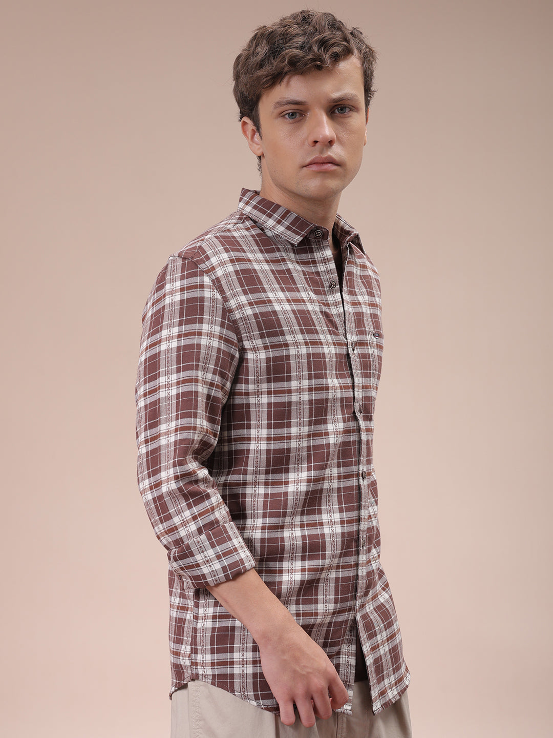 Men's Brown Slim Fit Checked Shirt