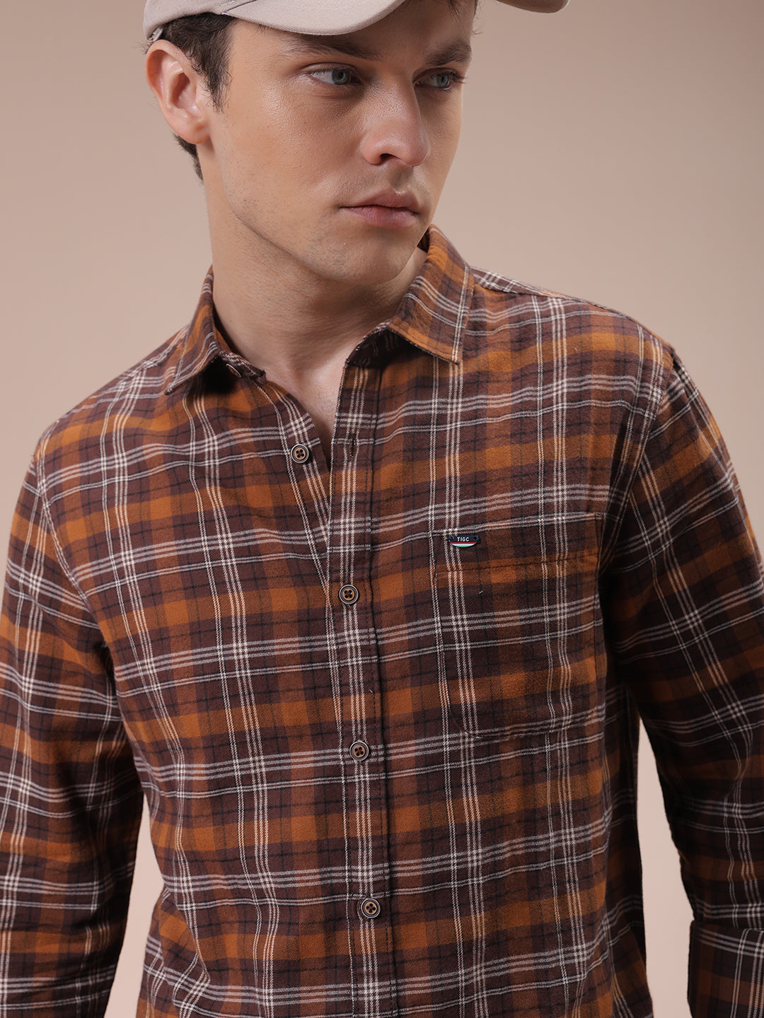 Men's Brown Slim Fit Checked Shirt