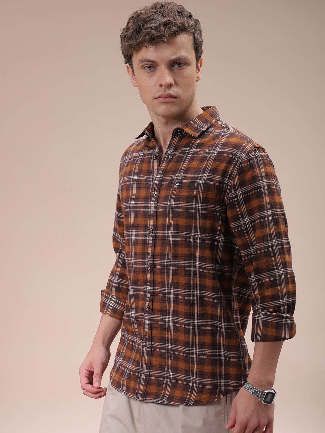 Men's Brown Slim Fit Checked Shirt