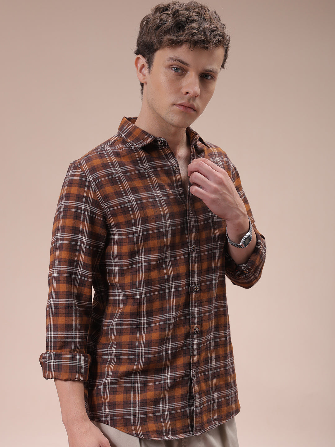 Men's Brown Slim Fit Checked Shirt