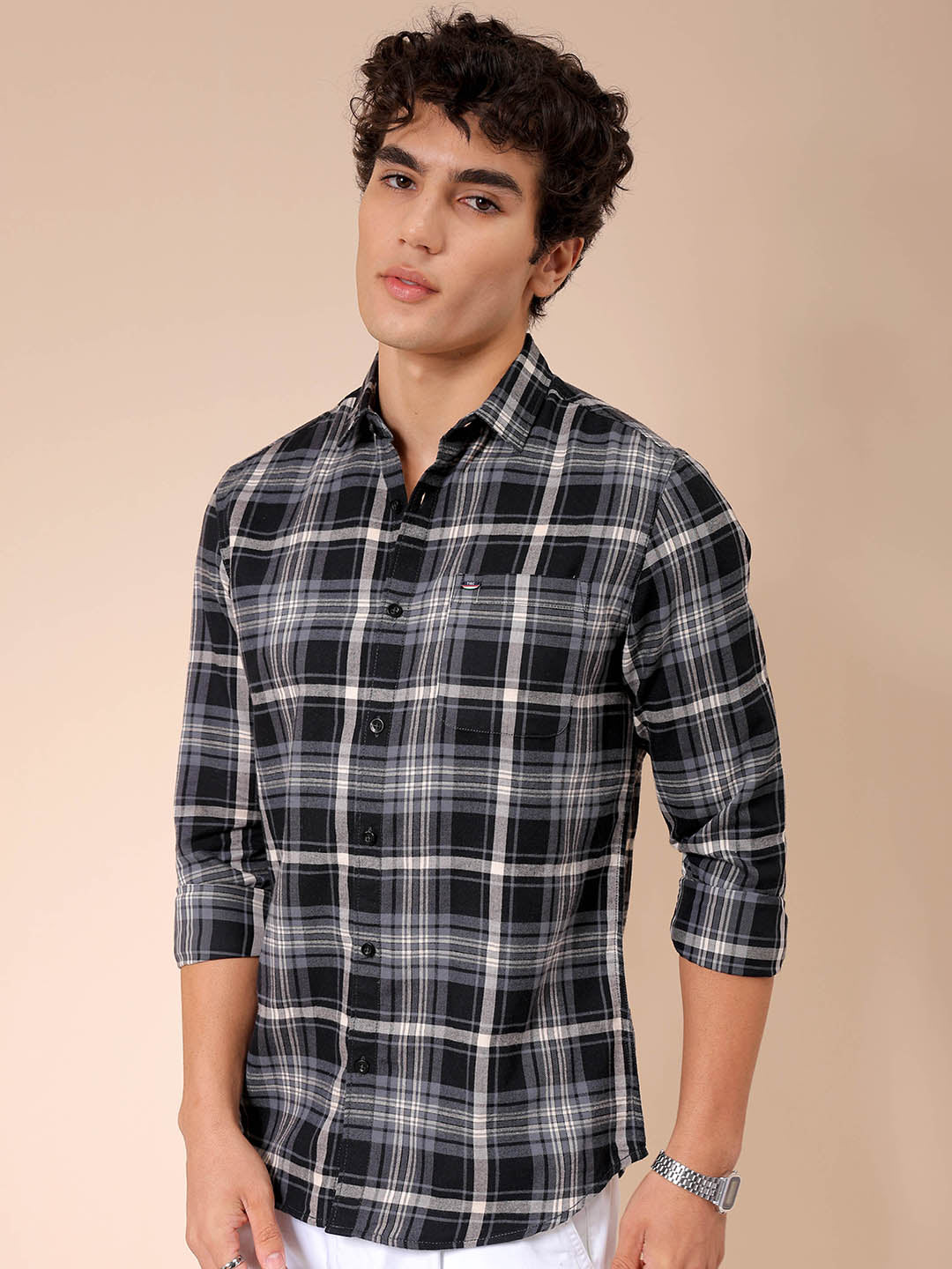 Men's Black Slim Fit Checked Casual Shirt