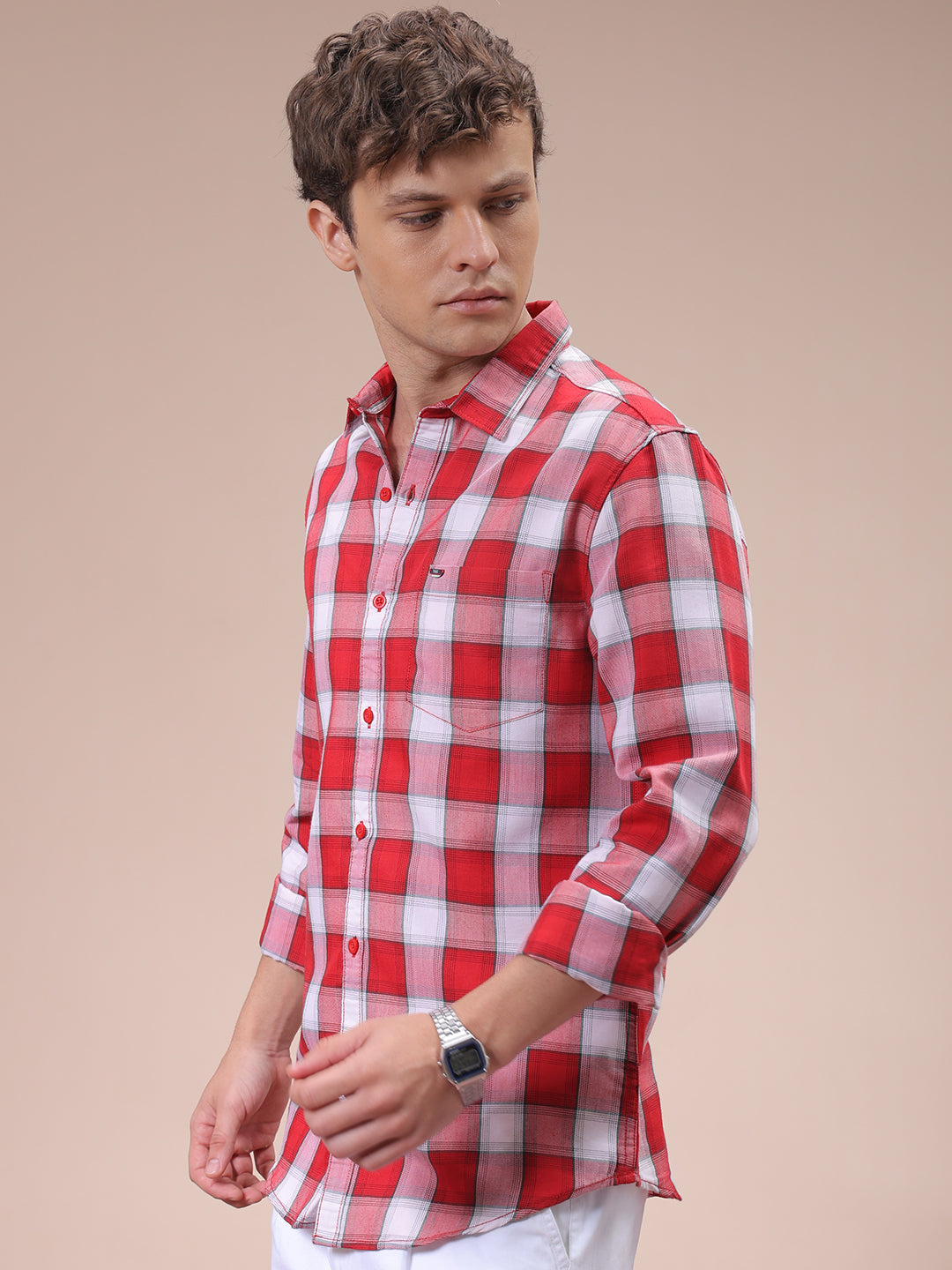 Men's Red Slim Fit Checked Shirt