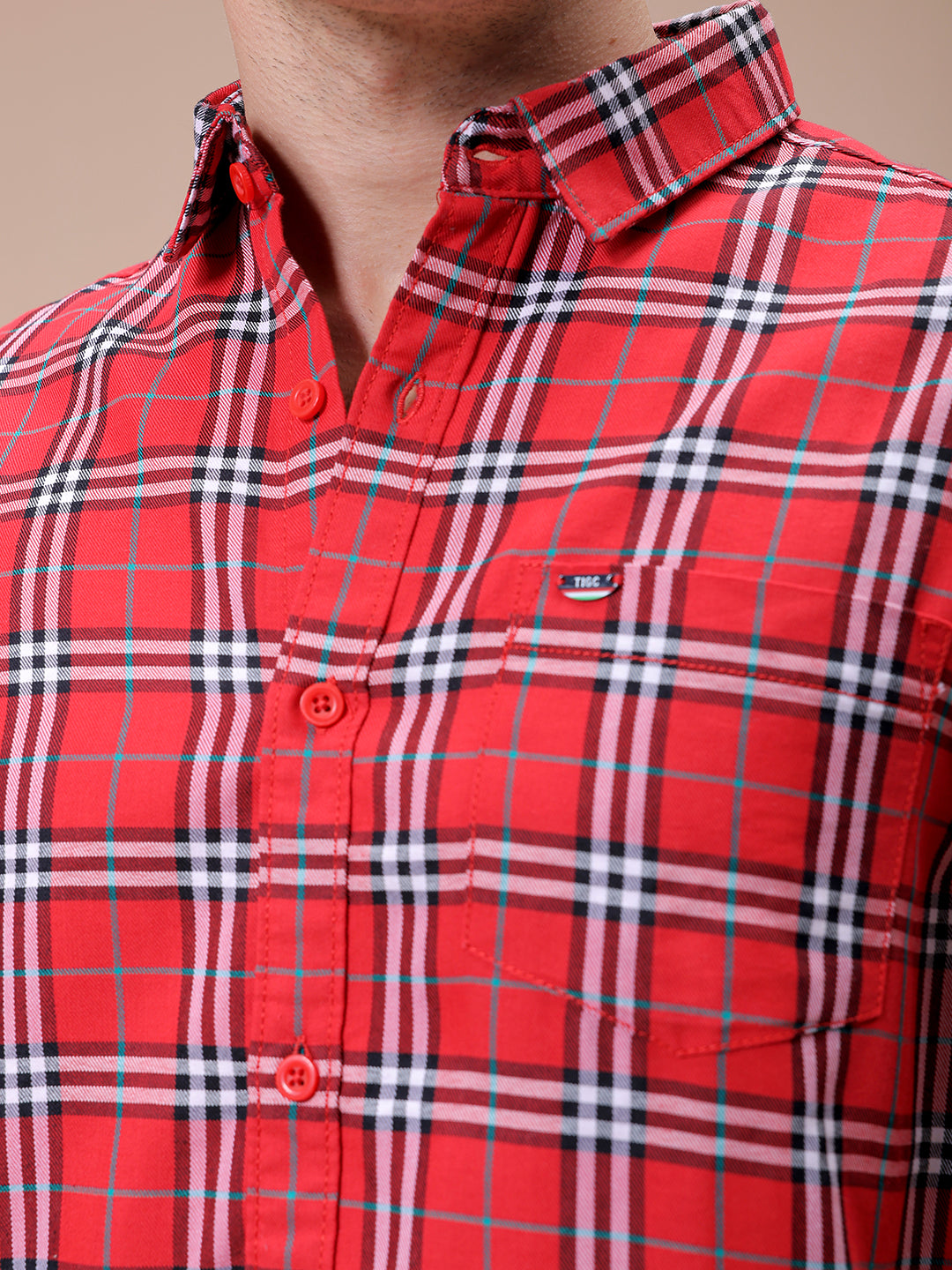 Men's Red Slim Fit Checked Casual Shirt