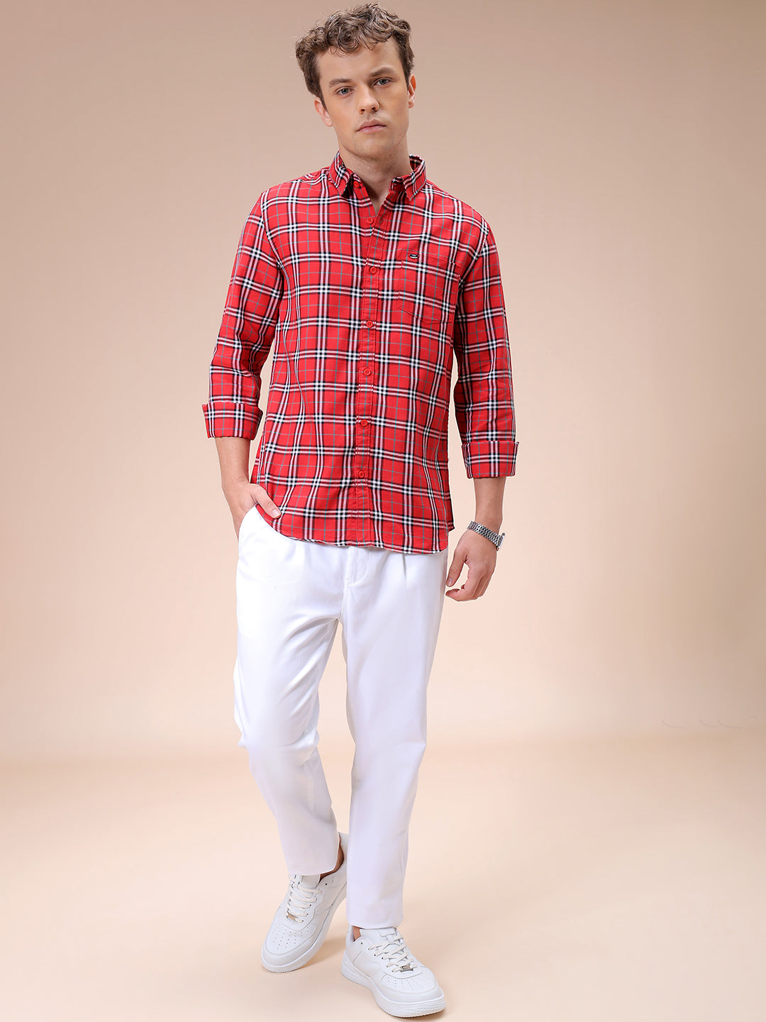 Men's Red Slim Fit Checked Casual Shirt