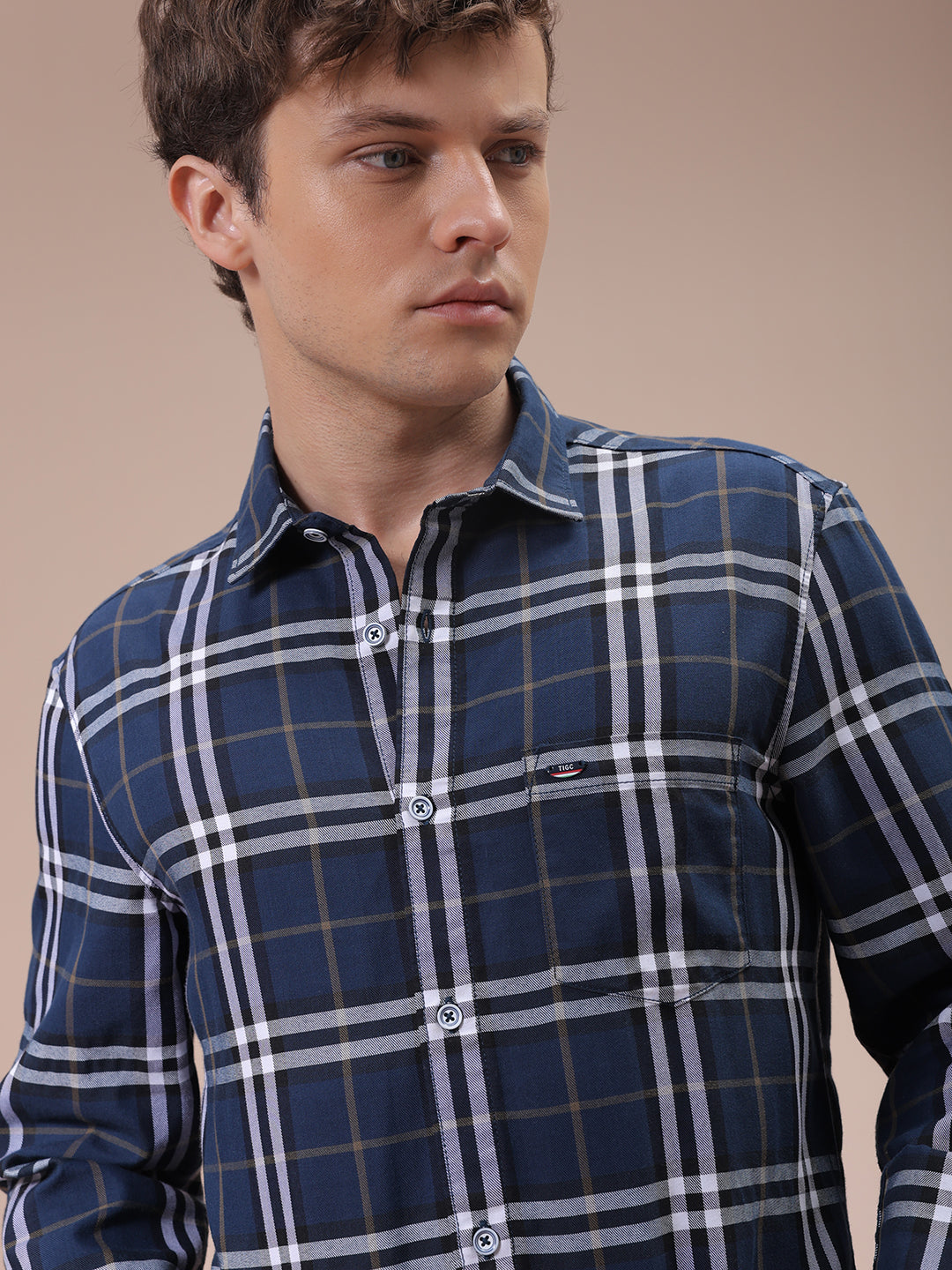 Men's Navy Blue Slim Fit Checked Shirt