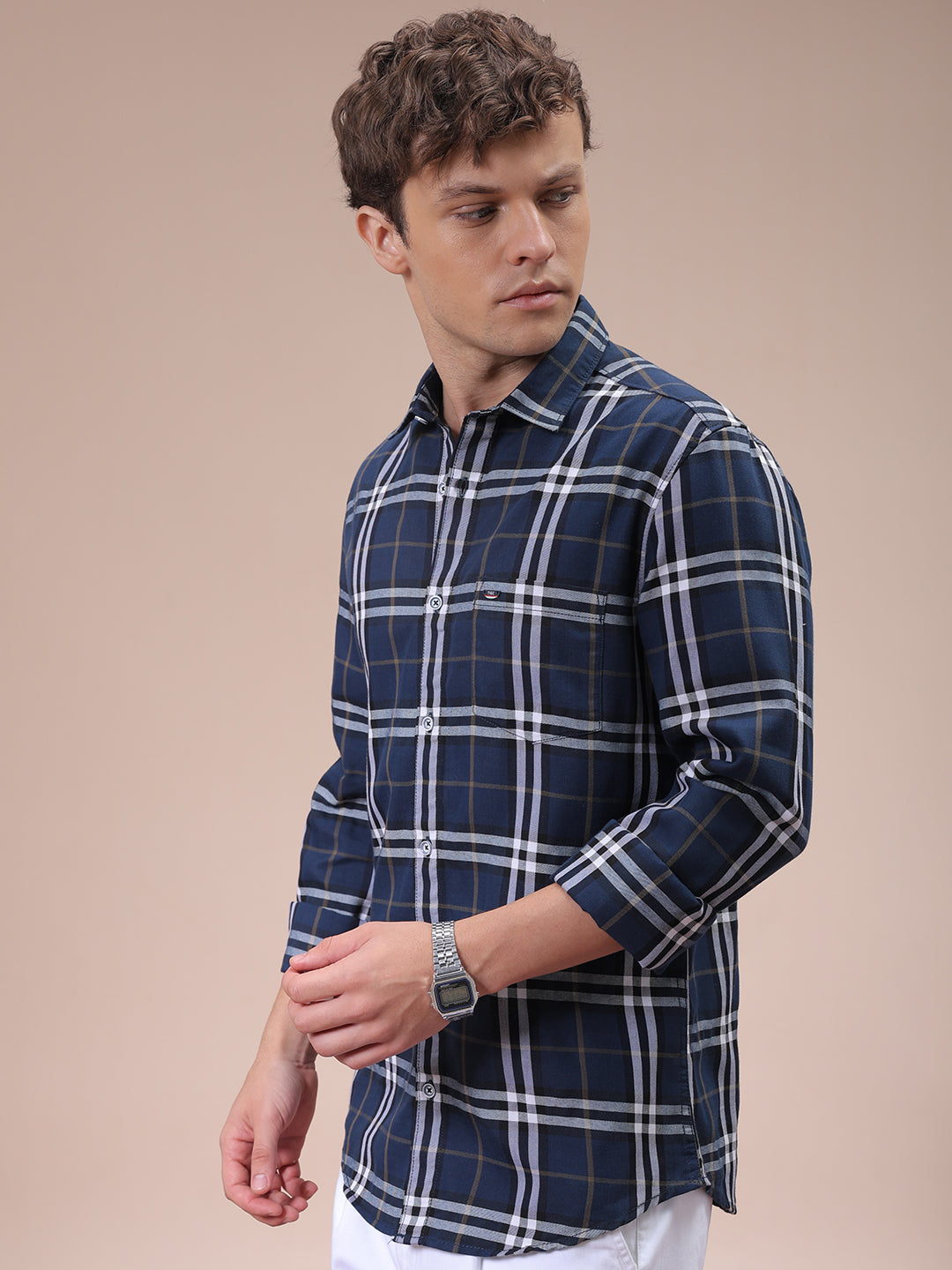 Men's Navy Blue Slim Fit Checked Shirt