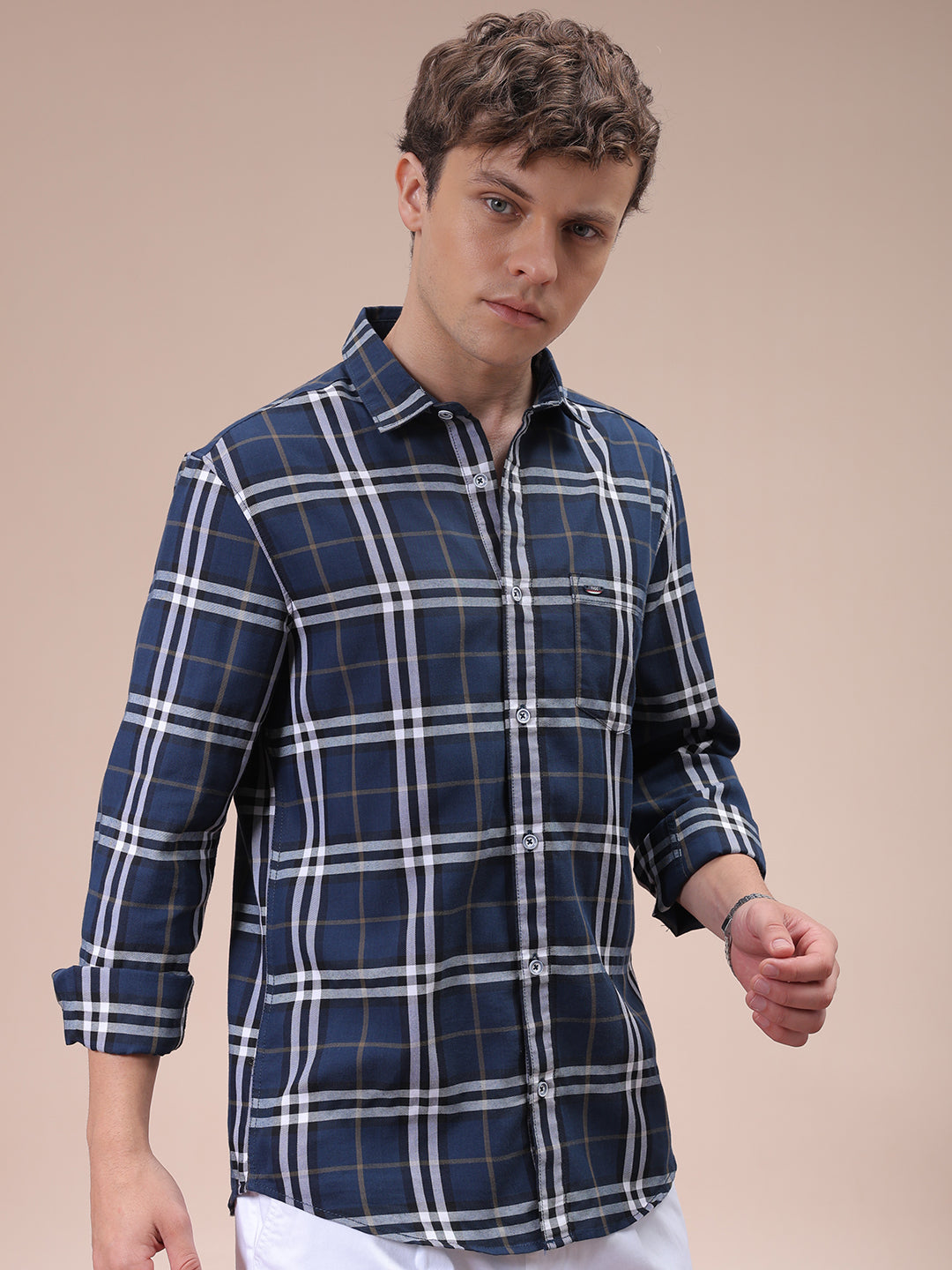 Men's Navy Blue Slim Fit Checked Shirt