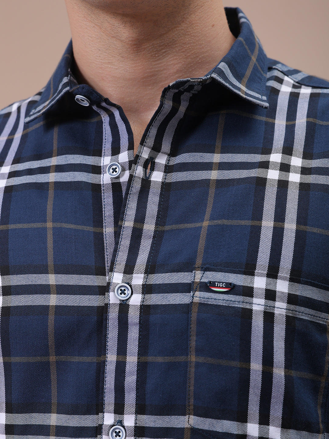 Men's Navy Blue Slim Fit Checked Shirt