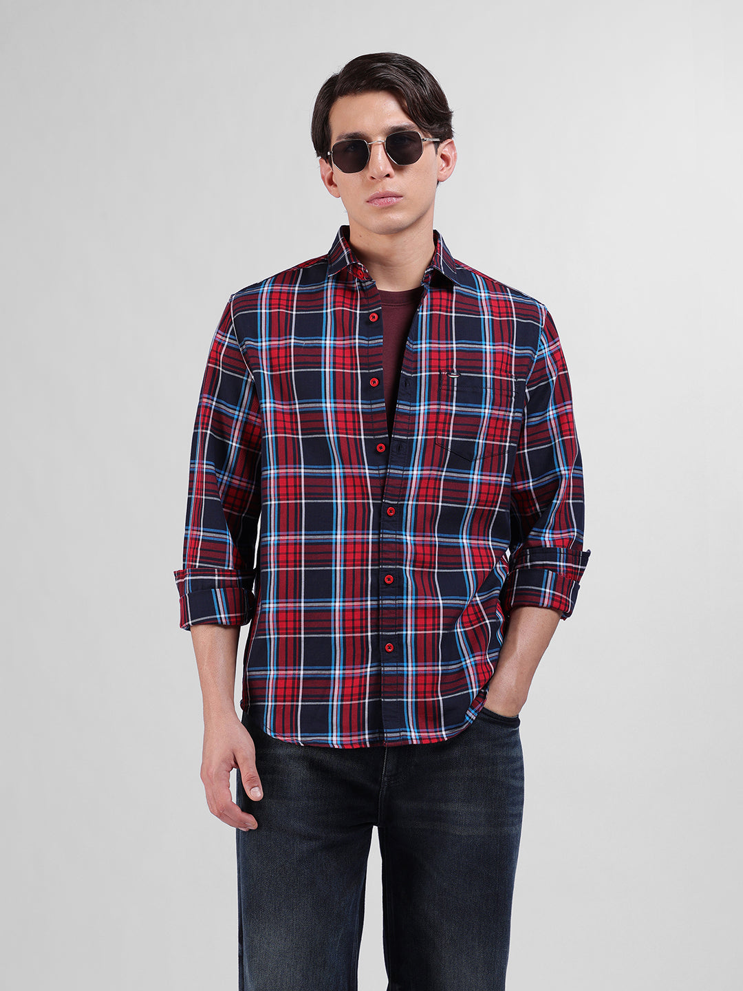 Men's Red Slim Fit Checked Casual Shirt