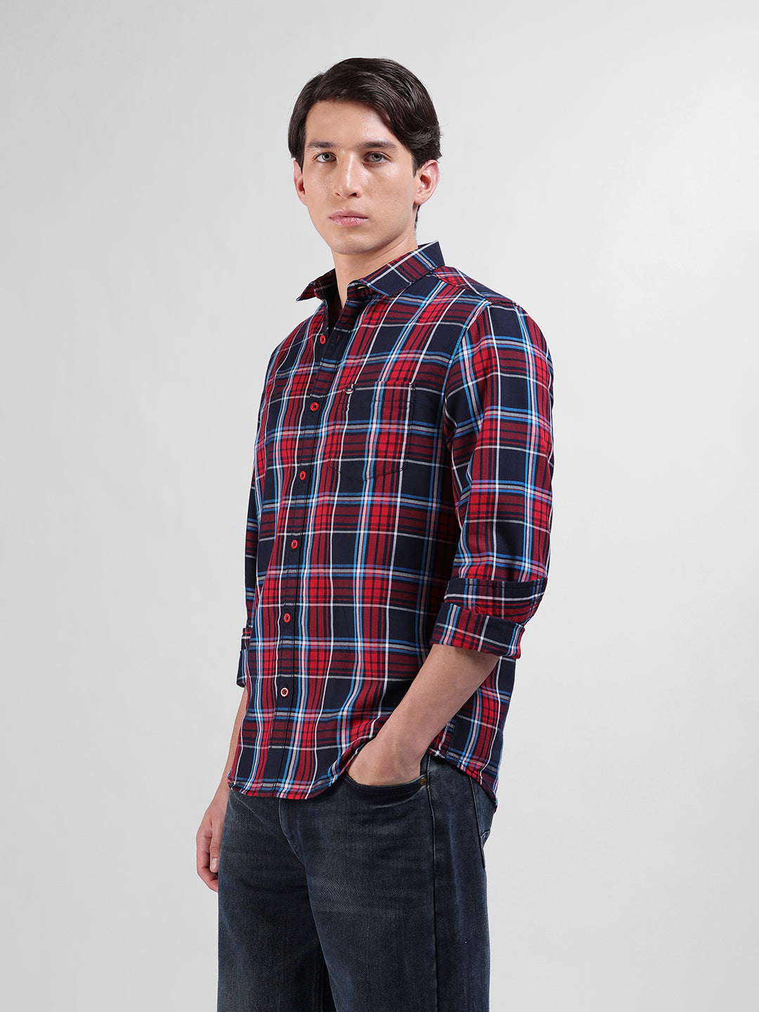 Men's Red Slim Fit Checked Casual Shirt
