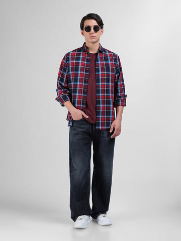 Men's Red Slim Fit Checked Casual Shirt