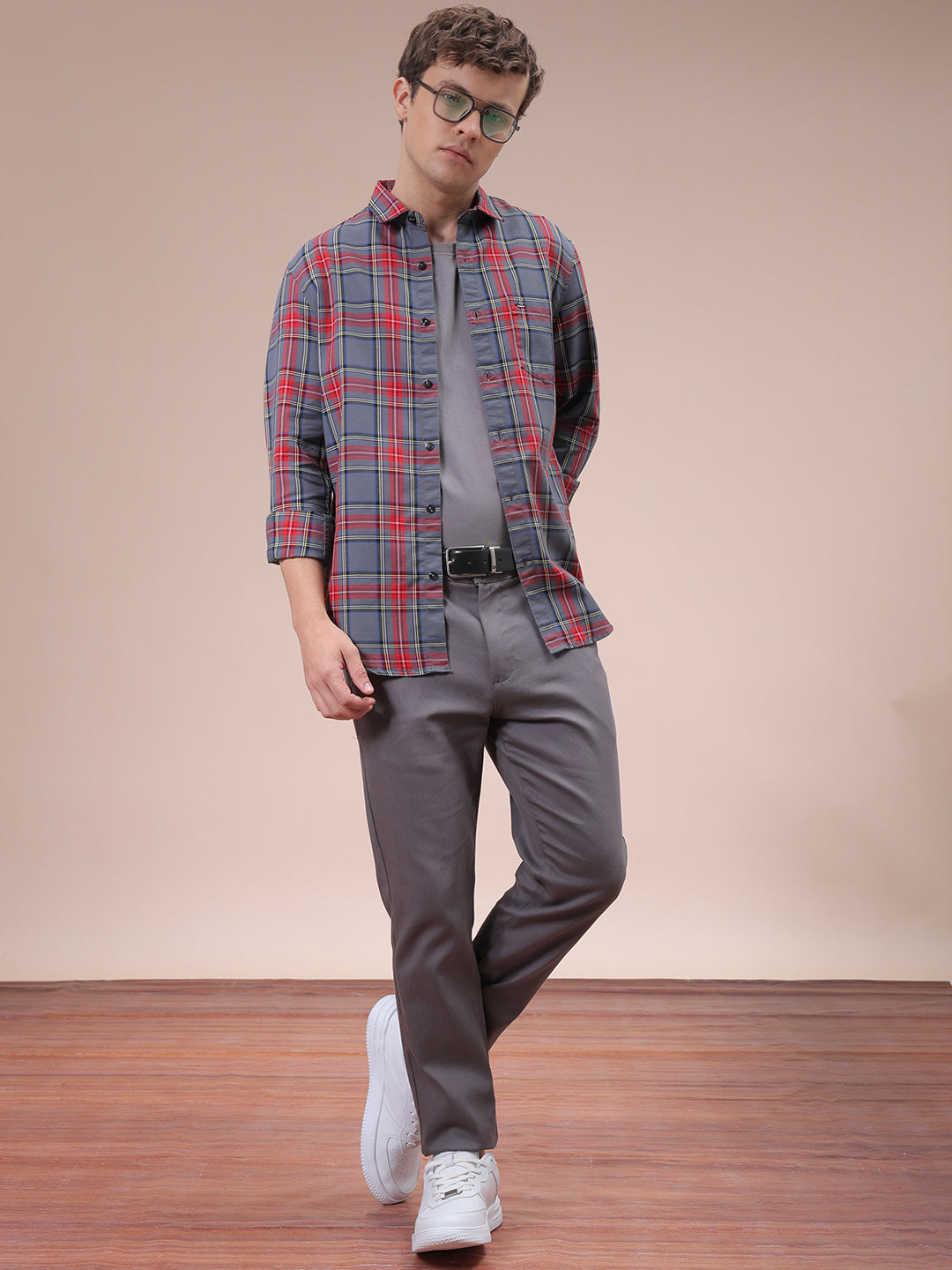 Men's Grey Slim Fit Checked Shirt