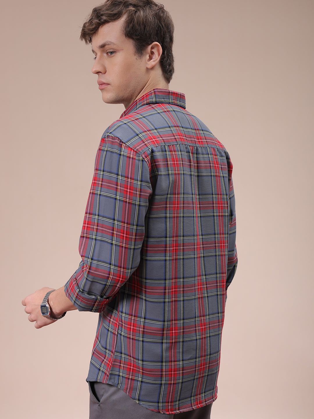 Men's Grey Slim Fit Checked Shirt