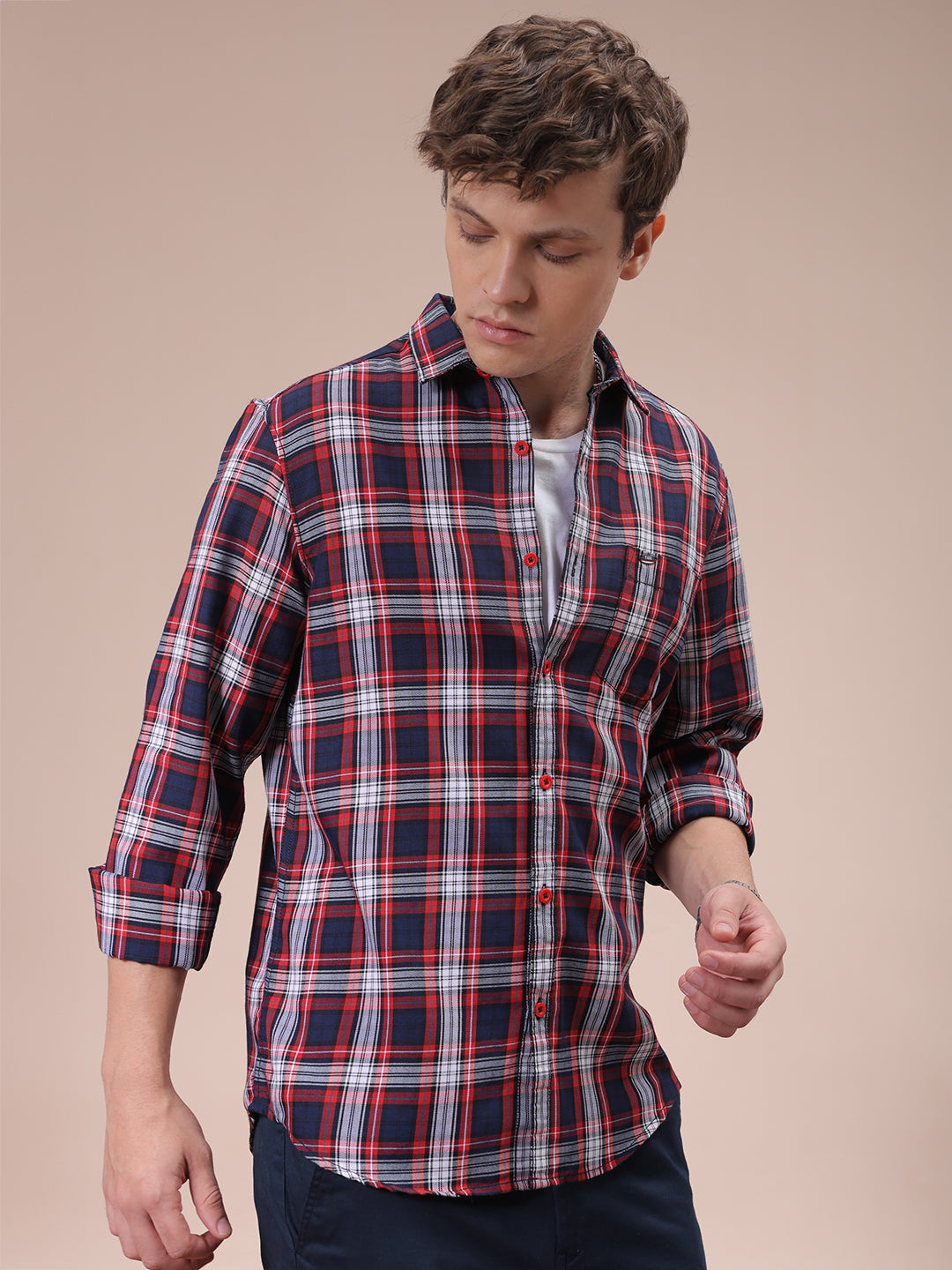 Men's Red Slim Fit Checked Shirt