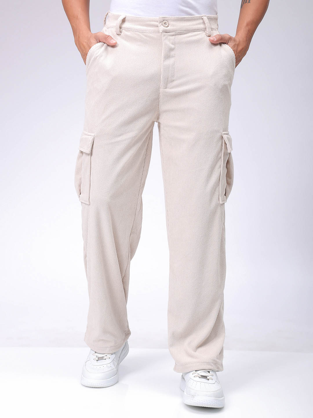 Men's White Baggy Textured Mid-Rise Cargos