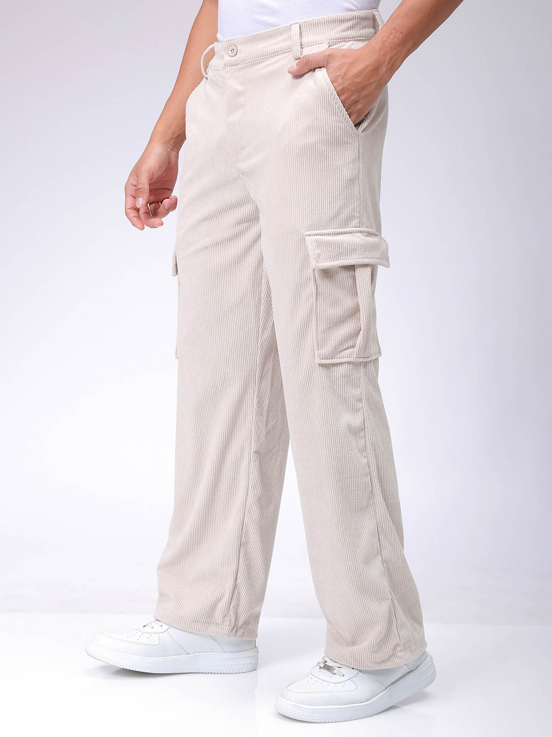 Men's White Baggy Textured Mid-Rise Cargos