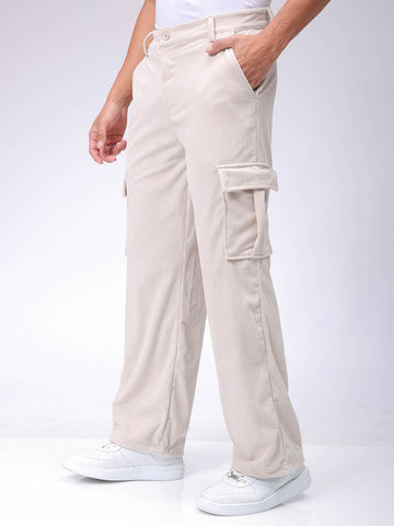 Men's White Baggy Textured Mid-Rise Cargos