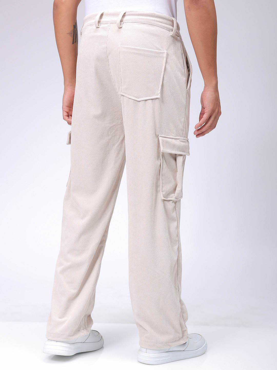 Men's White Baggy Textured Mid-Rise Cargos
