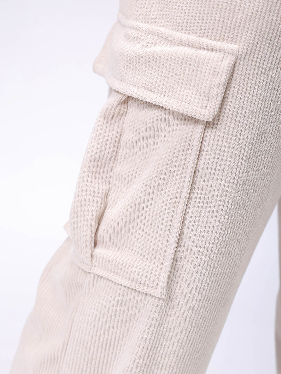 Men's White Baggy Textured Mid-Rise Cargos