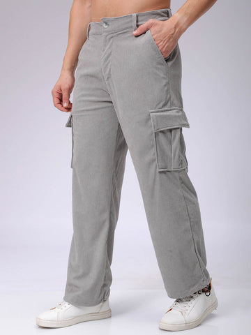 Men's Grey Baggy Textured Mid-Rise Cargos