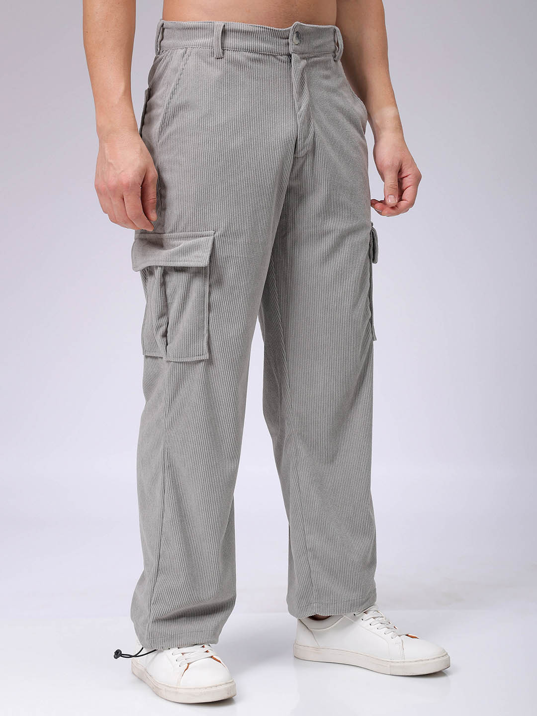 Men's Light Grey Baggy Fit Textured Utility Cargo