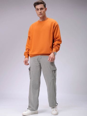 Men's Grey Baggy Textured Mid-Rise Cargos