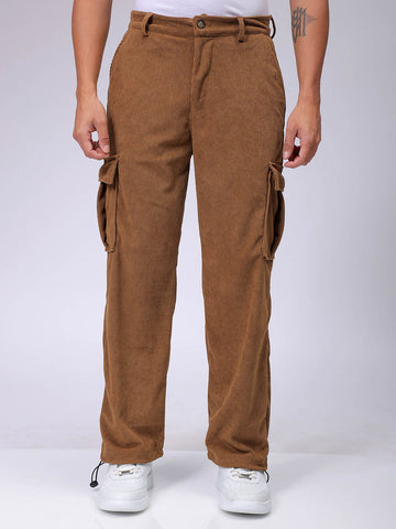 Men's Brown Baggy Textured Mid-Rise Cargos