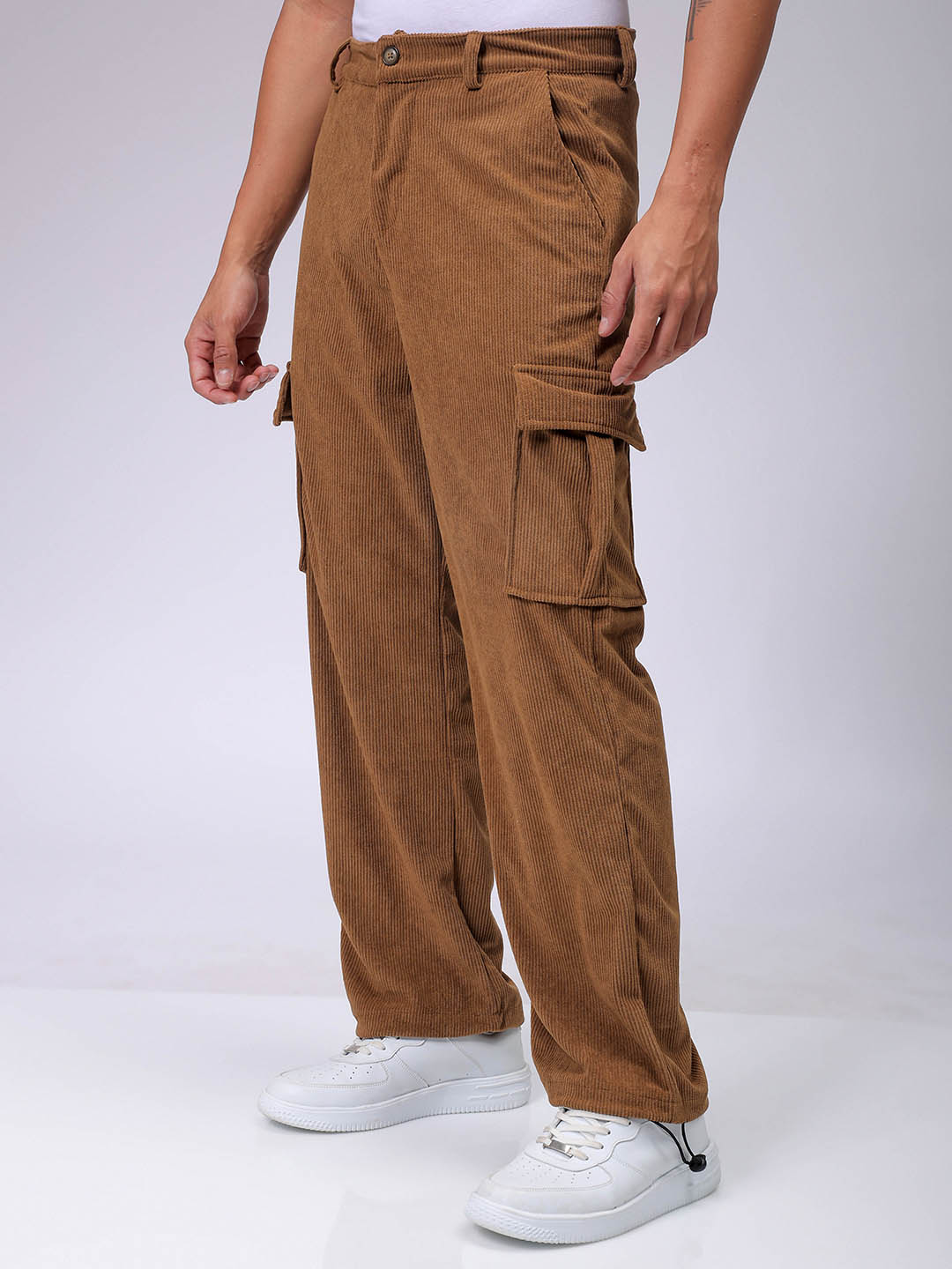 Men's Brown Baggy Fit Textured Streetwear Cargo