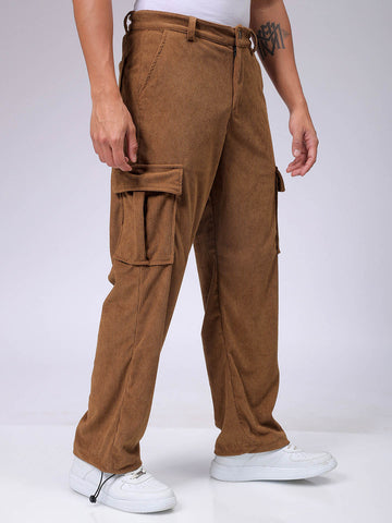 Men's Brown Baggy Textured Mid-Rise Cargos