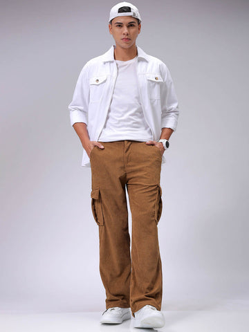 Men's Brown Baggy Textured Mid-Rise Cargos