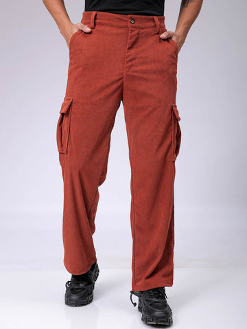 Men's Rust Baggy Textured Mid-Rise Cargos